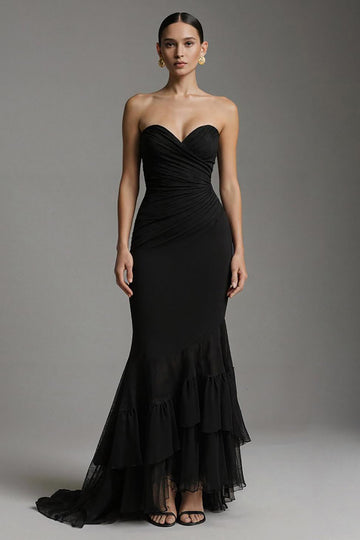 Strapless Black Ruched Mermaid Long Formal Dress